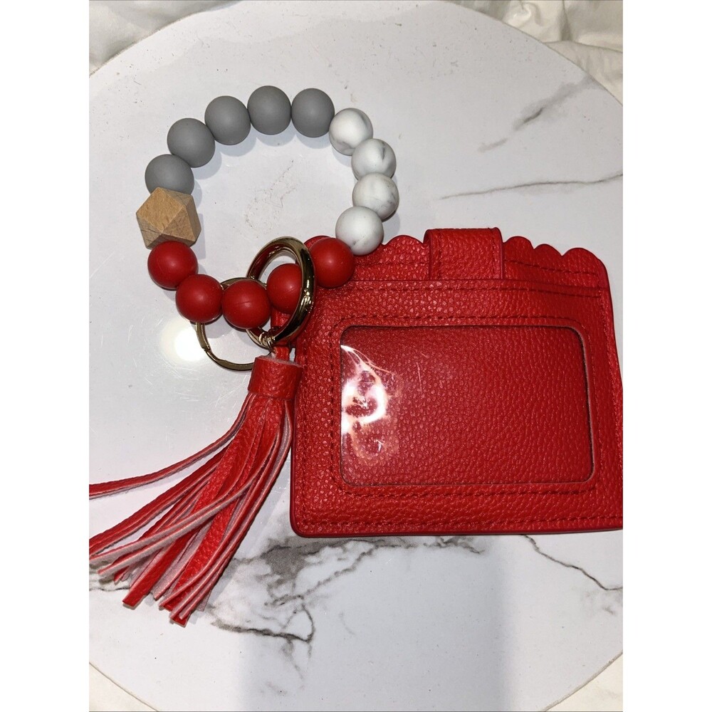 Silicone Beaded Wristlet Keychain Card Holder Wallet ID Badge Tassel